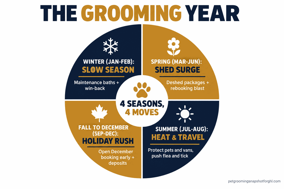Infographic titled The Grooming Year showing a twelve-month calendar wheel with four labeled seasons: winter slow season, spring shed surge, summer heat season, and the fall-to-December holiday rush, each with one key move