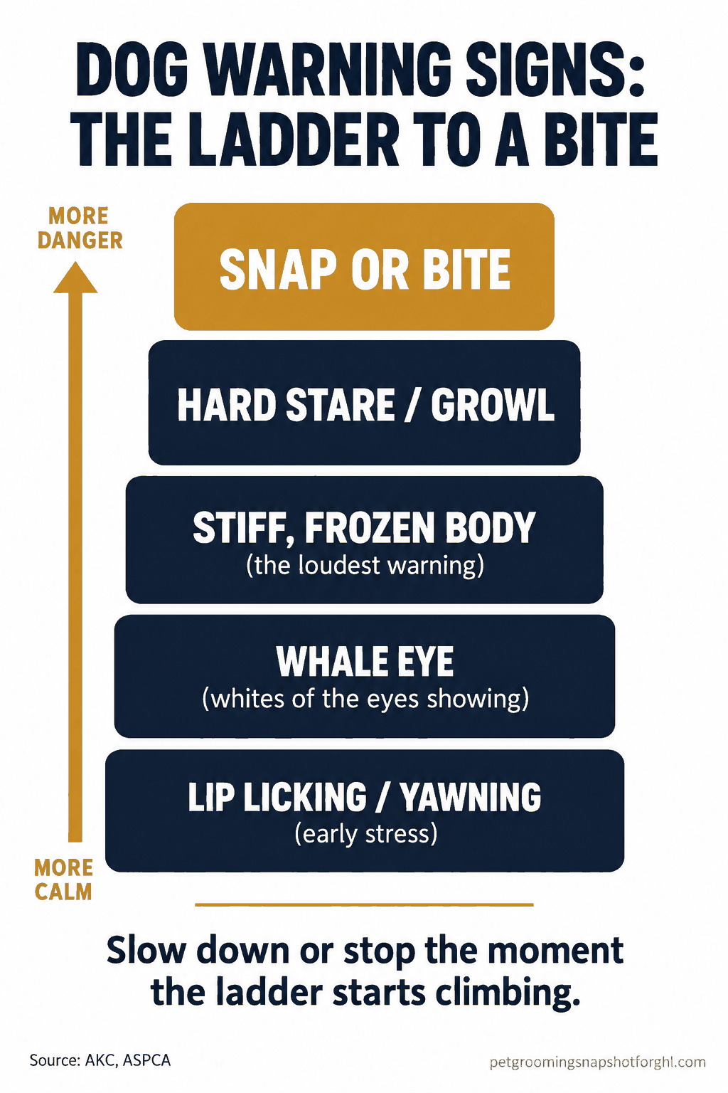 Vertical ladder infographic titled Dog Warning Signs: The Ladder to a Bite, rising from lip licking and yawning through whale eye, a stiff frozen body, and a hard stare or growl to a snap or bite