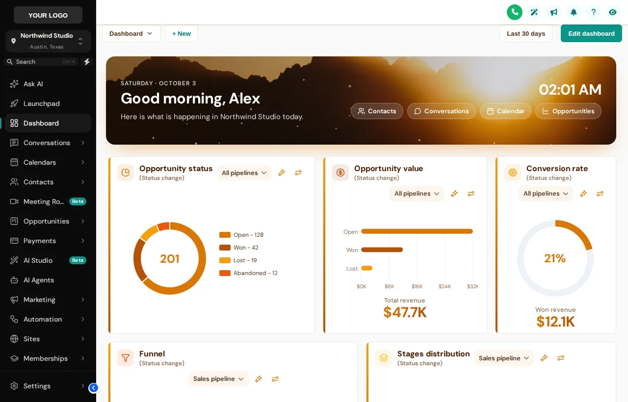 Golden Hour photo dashboard design on a GoHighLevel sub-account