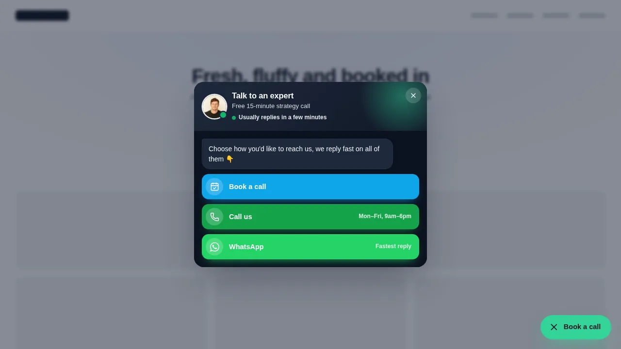 Book a call hub floating widget on a sample website