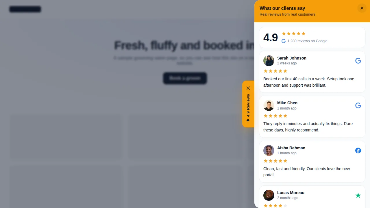Review drawer floating widget with template sample reviews open at the edge of a sample grooming salon website