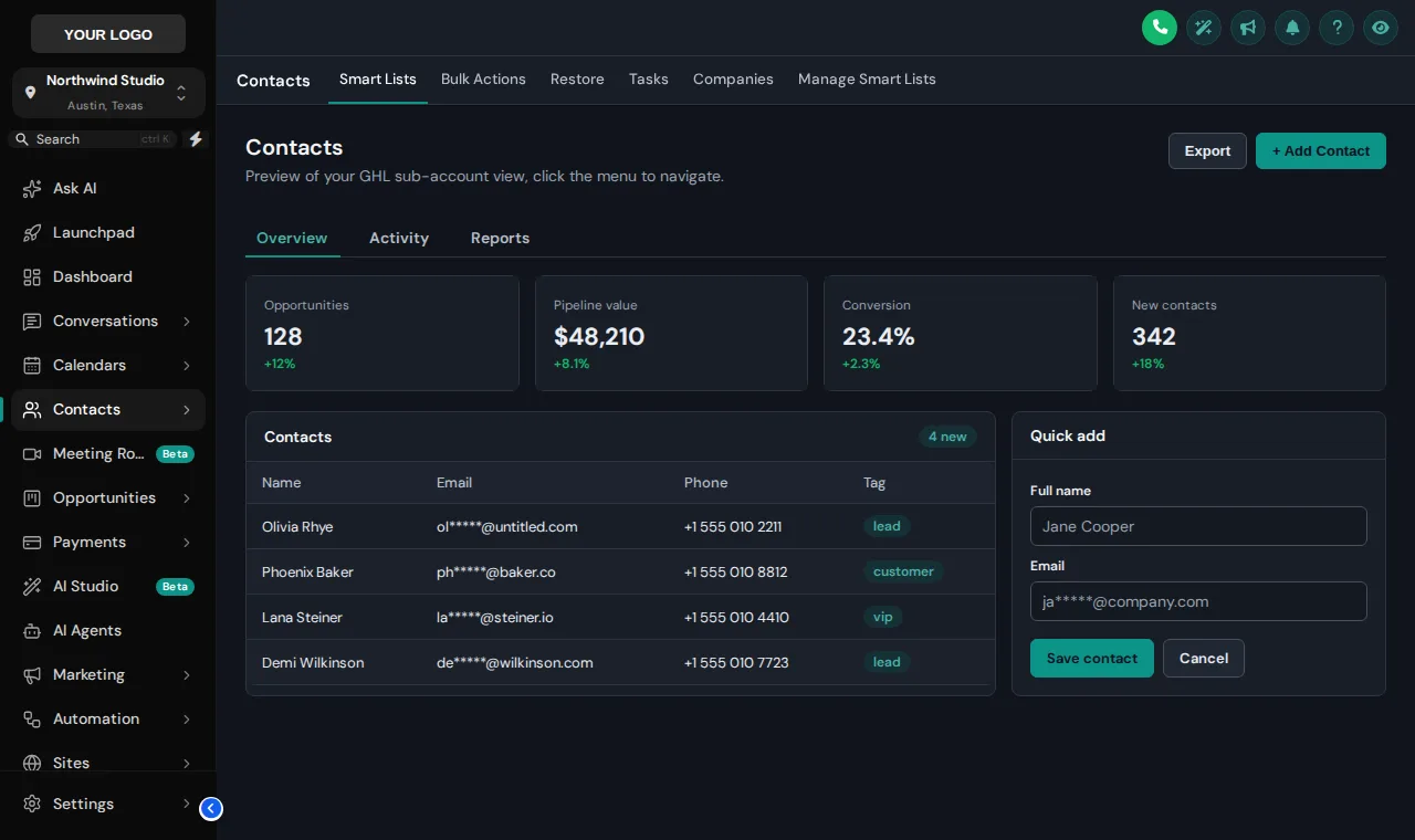 GoHighLevel contacts page in the Editorial Studio theme with dark mode switched on